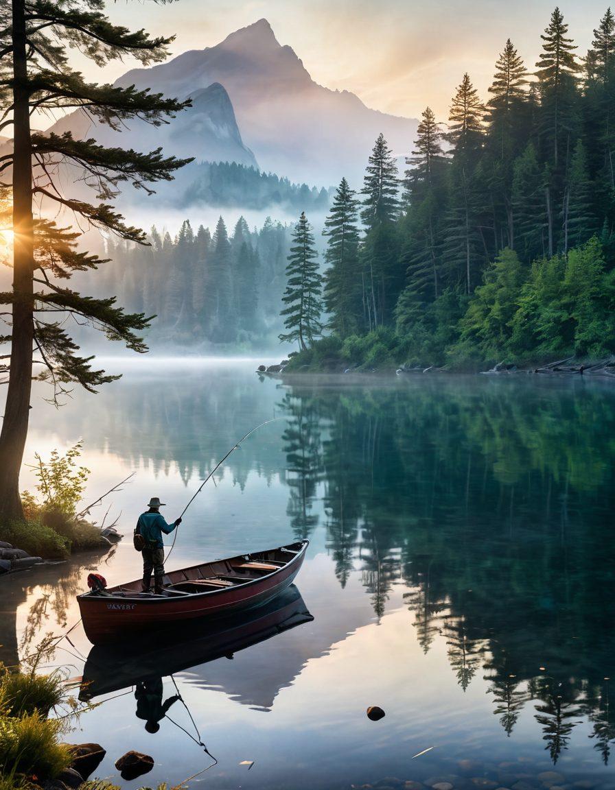 A serene lakeside scene with a fisherman casting his line at dawn, surrounded by misty mountains and lush trees. In the foreground, colorful fishing gear and a vintage wooden boat rest on the shore. Streamlined, hand-drawn fish silhouettes leap from the water, while soft sunlight filters through the trees, creating a warm, inviting atmosphere. The title 'Reel Life' is subtly integrated into the natural elements. super-realistic. vibrant colors. tranquil ambiance.