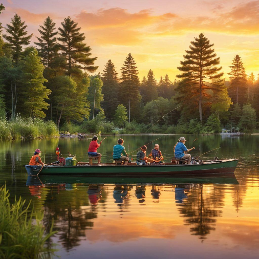 A serene lakeside scene with a diverse group of friends of all ages joyfully fishing together, colorful fishing gear scattered around, a beautiful sunset casting vibrant reflections on the water, and a few excited kids reeling in their catches. Include lush greenery and a small wooden dock in the background. super-realistic. vibrant colors.