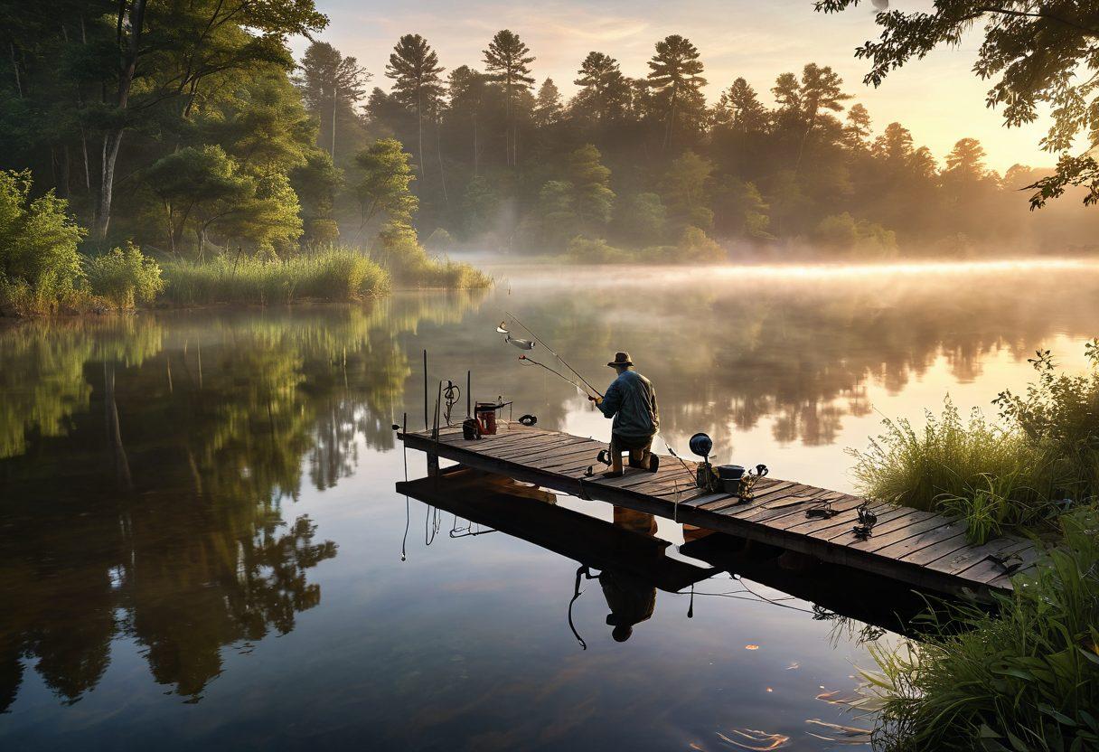 A serene lakeside scene at dawn, featuring an angler casting a line with various fishing gadgets and tools neatly displayed on a rustic wooden dock. In the background, mist rises over the water while fish ripple the surface, highlighting expert techniques in action. Lush greenery frames the scene with a subtle sunrise illuminating the tranquil setting. super-realistic. vibrant colors. 3D.